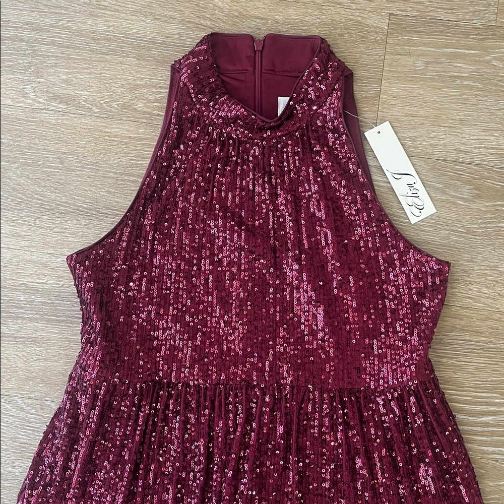 Eliza J Sequin Wine Halter Tiered Mock Neck Mini Dress size 4 - Picture 8 of 12